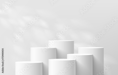 3D background with set of realistic white cylinder podium pedestal and natural leaf light scene. Abstract composition in minimal design. Platforms mockup product display presentation. Stage showcase.