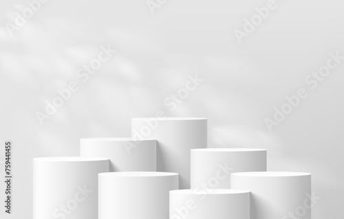 3D background with set of realistic white cylinder podium pedestal and natural leaf light scene. Abstract composition in minimal design. Platforms mockup product display presentation. Stage showcase.