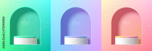 Set of 3D vector background with realistic pink, green, blue hologram and pink podium in arch window scene. Abstract minimal studio rooms. Mockup product display. geometric platforms. Stage showcase.