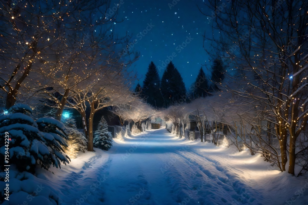 Sparkling Christmas lights illuminated a snowy garden path.