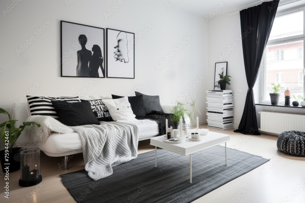 Fototapeta premium Interior of a black and white classic living room.