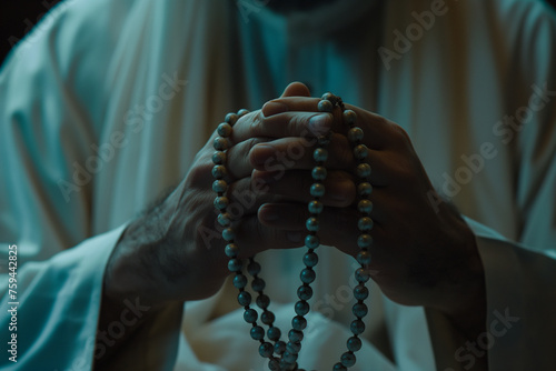 Close up of a Muslim man holding a rosary in his hands together