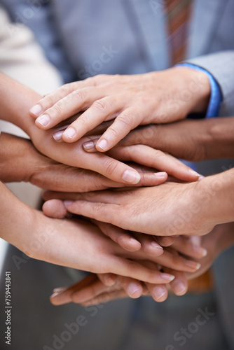 Teamwork  support and hands of business people with solidarity  collaboration and partnership trust closeup. Team building  community and employees with diversity  commitment and goal motivation