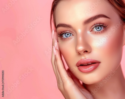 Beautiful woman with perfect clean skin, healthy face and beautiful blue eyes in the style of beauty style photo studio on a pink background. Portrait of a young attractive girl with delicate makeup