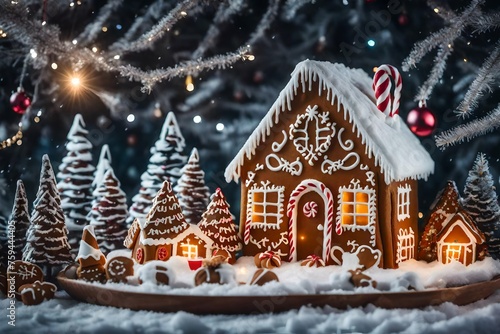 Gingerbread house surrounded by a winter wonderland of sugary delights