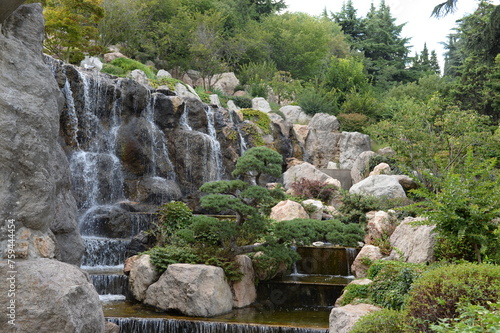 The northern lower waterfall of the cascade of the Japanese Garden in the Aivazovskoye Park, Partenit, Crimea
