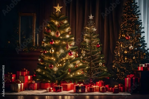 A festively adorned Christmas tree with vintage decorations and a star on top.