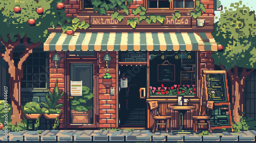 pixel art of cute cafe , coffe shop , 16 bit ,32 bit game art