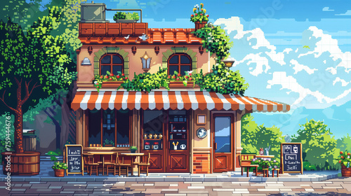 pixel art of cute cafe , coffe shop , 16 bit ,32 bit game art