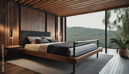 room with a bed.a contemporary canopy bed made of rich, dark wood with clean lines and minimalistic detailing, offering a sophisticated and luxurious sleeping space fit for a modern lifestyle. 