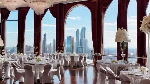the ballroom interior is magnificent and luxurious with white accents on neatly arranged tables and chairs photo