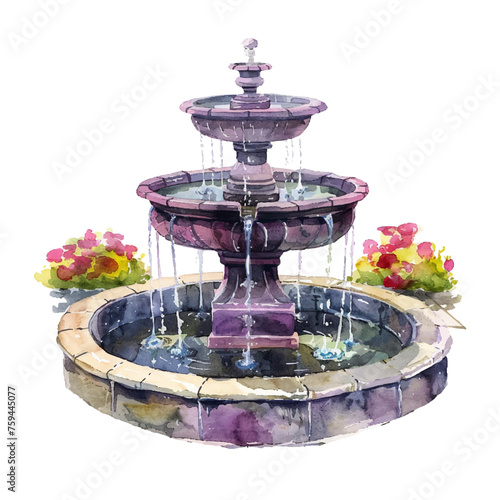 courtyard fountain vector illustration in watercolour style