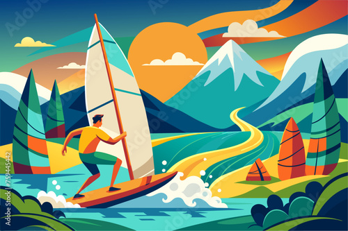 Windsurfing sport involves riding a board while propelled by the force of the wind on a sail.