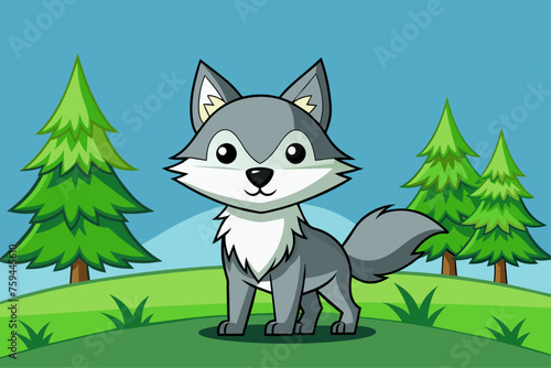 A cute wolf sits in front of a tree, with a bright blue sky above.