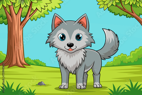 Adorable wolf resting amidst a verdant forest with a towering tree as backdrop.