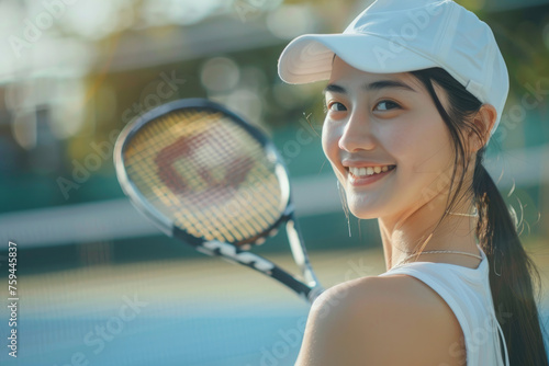 Beautiful young asian woman playing tennis with her friend on the court, wearing white cap © Kien