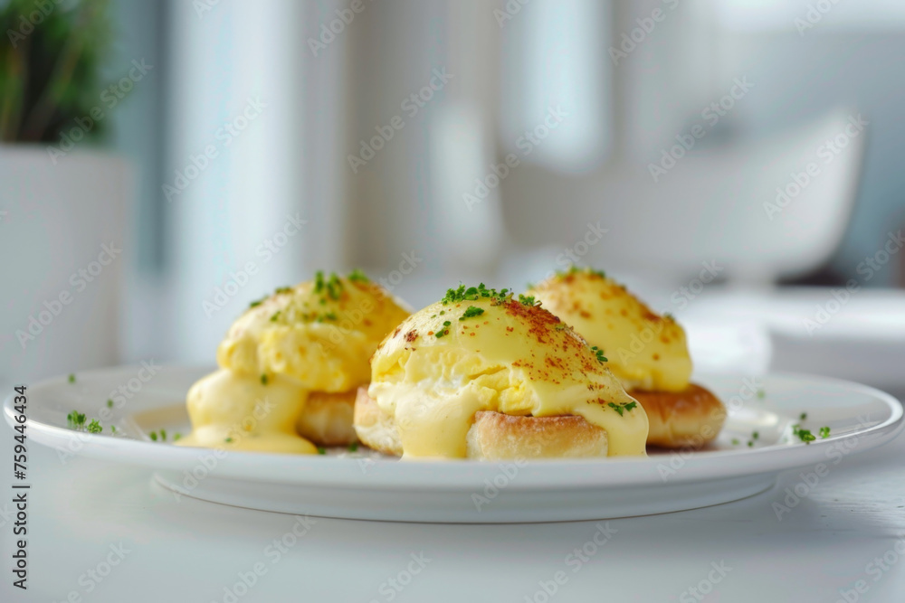 Eggs Benedict Breakfast on White Table with Nikon D7000 Gen AI Eggs Benedict Breakfast on White Table with Nikon D7000 Gen AI