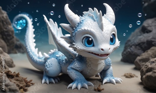 white baby dragon been crawling along the ocean floor  leaving a trail of tiny bubbles behind symbol of the sea s magic