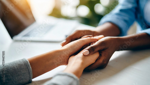 woman holds another's hand over a white table, conveying support and compassion