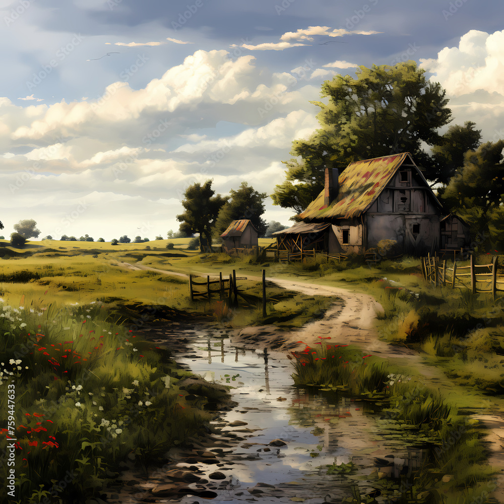 A peaceful countryside scene with a rustic farmhouse