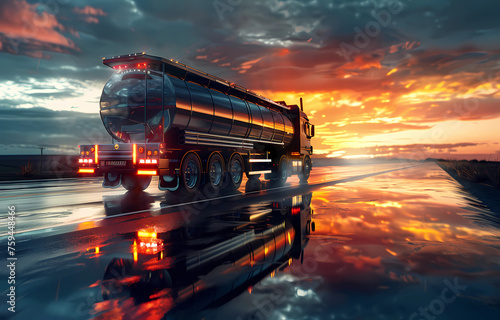 a tank truck on the highway in the evening
