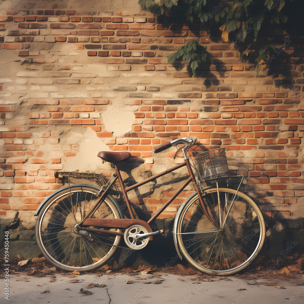 A vintage bicycle leaning against a brick wall. 