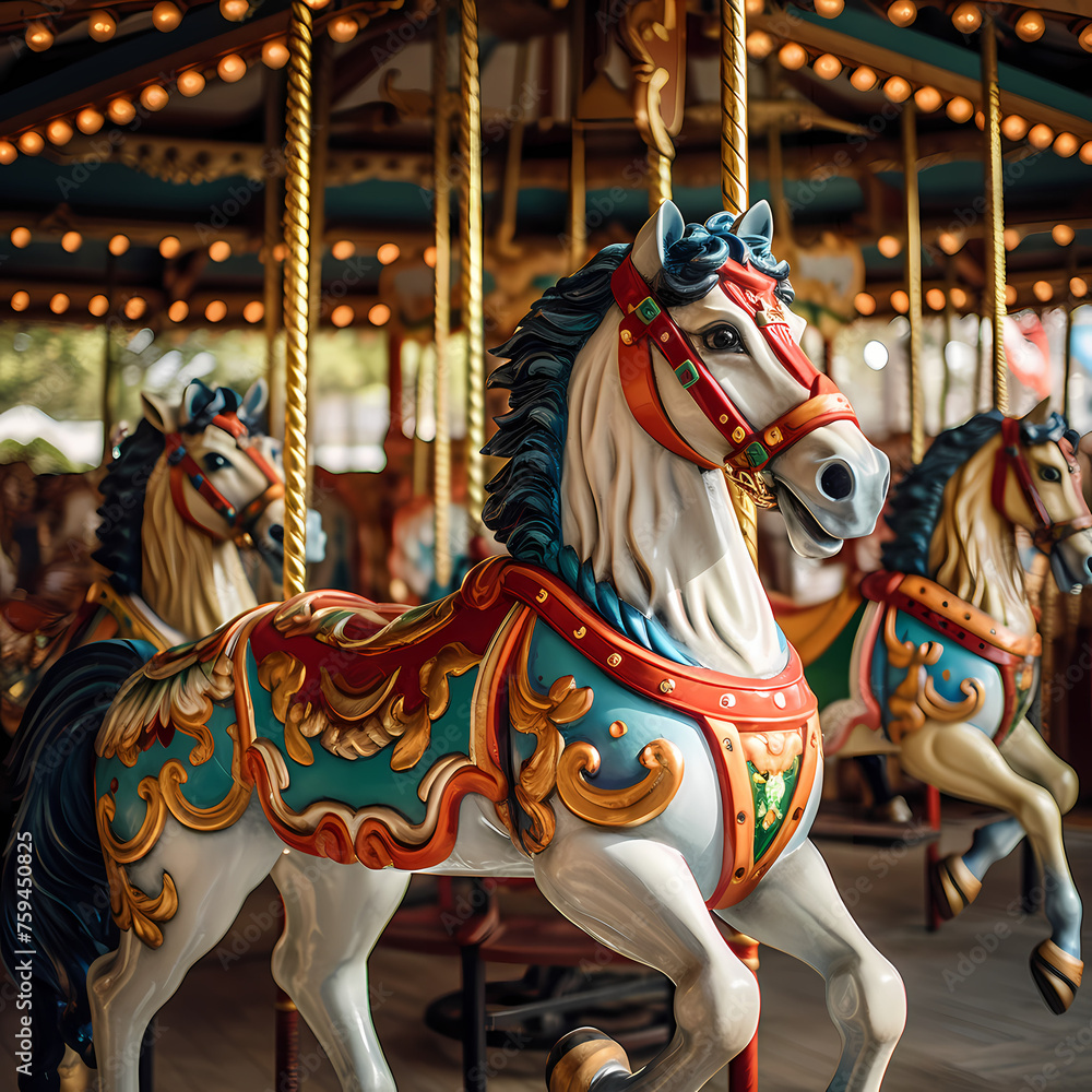 A whimsical carousel with brightly painted horses.