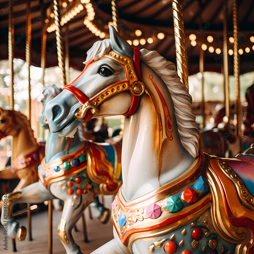 A whimsical carousel with brightly painted horses.