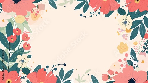An illustration of a floral greeting card, nature design. Beautiful spring and summer blooms scattered across a background of blossoming plants. The postcard background template is framed by flowers
