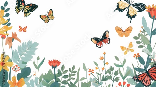 Inexpensive flat modern illustration of butterflies with decorative border designs. Flower, plant, beautiful flying moths on a banner background. Spring and summer exotic colorful decor. © Mark