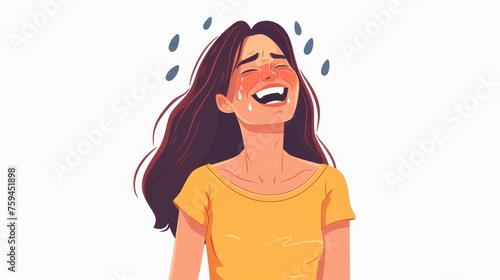 Angry woman crying, laughing with joy. Smiling girl wiping tears from face with joyful emotion. Cute modern illustration on white background.