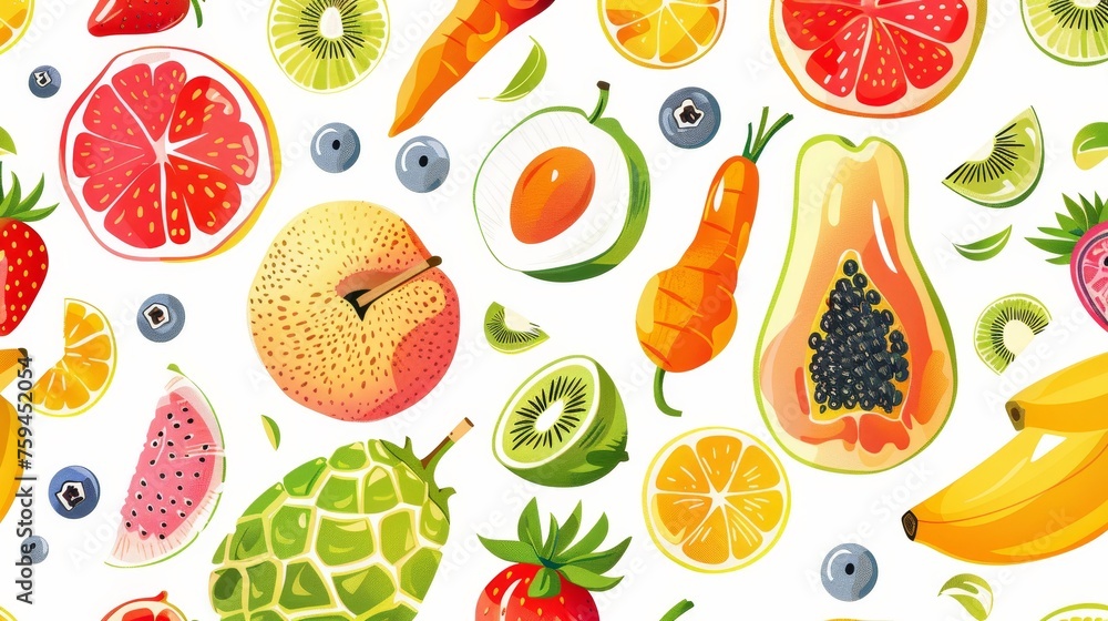 The seamless pattern features tropical fruits on white background. An attractive summer backdrop with fresh dietary vegetable foods. Ideal for wrapping papers, textile prints, and wallpapers. The seamless pattern features tropical fruits on white background. An attractive summer backdrop with fresh dietary vegetable foods. Ideal for wrapping papers, textile prints, and wallpapers.