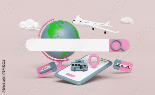 search bar with smartphone, plane, location pin, GPS navigator, map, orb, boat, train tickets, bus, cloud isolated on pink background. summer travel, delivery concept, 3d render illustration