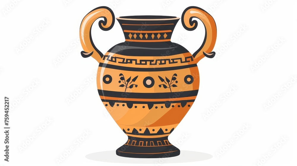A flat modern cartoon illustration of a Greek bowl or cup isolated on a white background, with old ornamentation on it. Ancient clay amphoras. Hellenic pottery. Ancient pottery with ancient