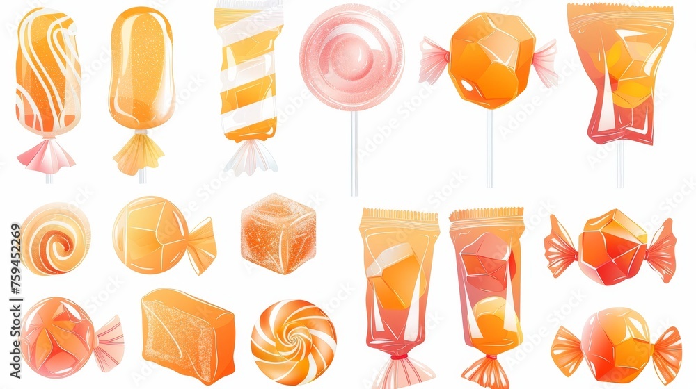 In this realistic flat modern illustration, we see a variety of sweets in shiny wrappings, including bonbons, sugar drops, and lollipops.