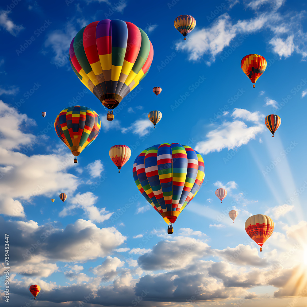 Colorful hot air balloons rising against a clear blue sky