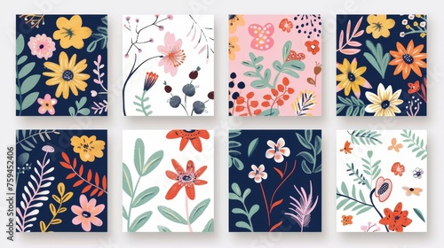 Nature postcards with blooming flowers and leaves. Minimal botanical background designs with field plants and wildflowers. Colored flat modern illustrations.