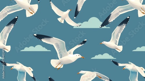 A seamless pattern of flying seagulls, endless background design, repeating print. A flat modern illustration for textiles, fabrics, wallpaper, and wrapping.