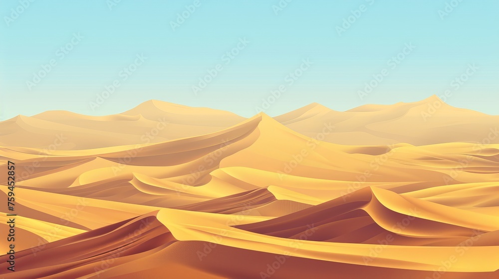 Horizontal flat modern illustration, panoramic view of wild dry hot nature scenery, dead land, terrain, environment. Desert landscape background. Sand dunes, sandy hills, and sky horizon.