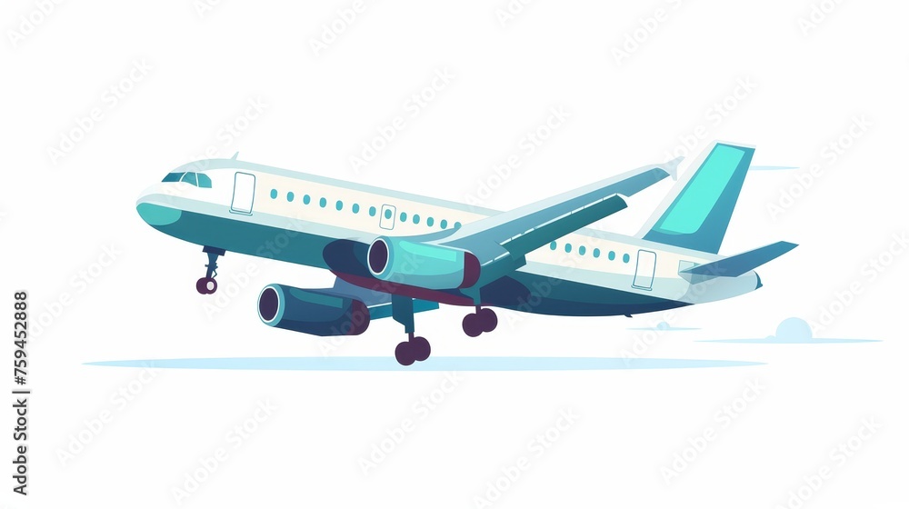 An airplane, aircraft flying. Airplane flight, airplane, jet. An airliner, in flight. Airliner transport, side view. Isolated on a white background. Flat modern illustration.