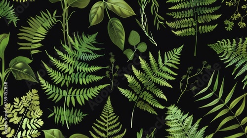 This seamless pattern features ferns and other green herbs on a black background. It is an elegant modern illustration that can be used to create wrapping paper or textiles.