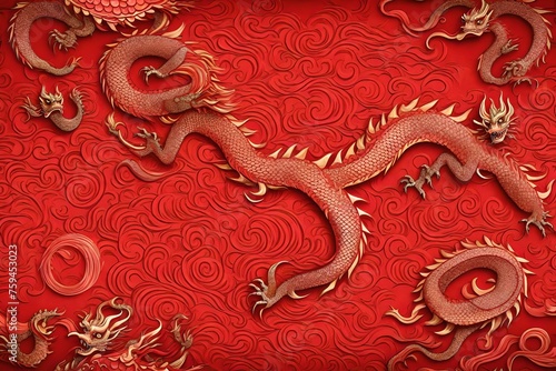 Red chinese dragon pattern on red background