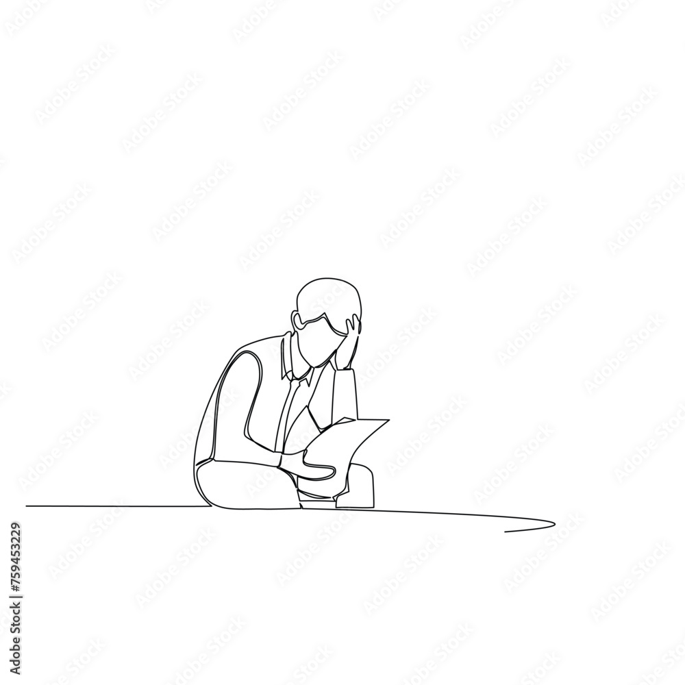 Confused young man in business suit holding a letter or document, looking concerned. Hand drawn style continuous line drawing cartoon vector illustration.