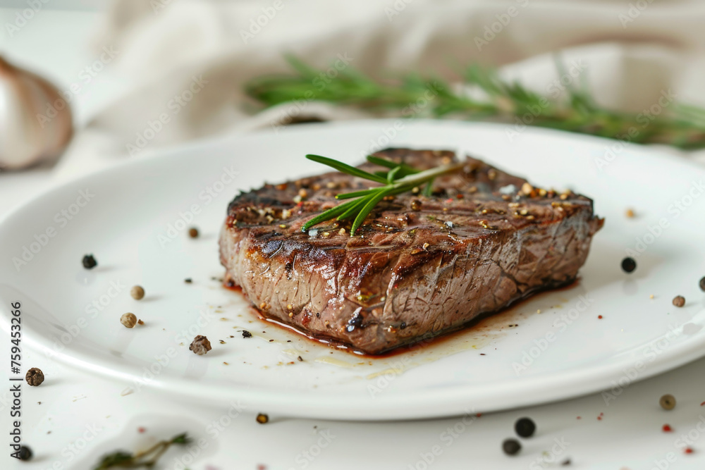 Garlic Butter Steak on White Plate, Perfectly Composed Gen AI Garlic Butter Steak on White Plate, Perfectly Composed Gen AI