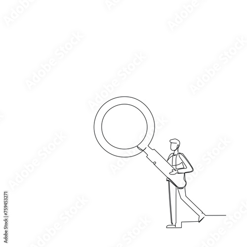 Continuous one line drawing businessman standing holding giant magnifier. He searches, analyzes, finds all the necessary data. Single line draw design vector illustration