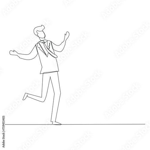 Single continuous line drawing businessman prancing happily. Success in business concept. Dynamic one line draw graphic design vector