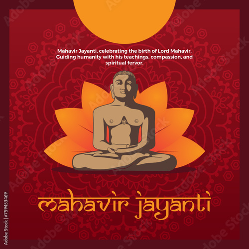 Mahavir Jayanti card with a red background, featuring an illustration of Lord Mahavir. Honors his teachings with a message of peace, non-violence, and spiritual enlightenment