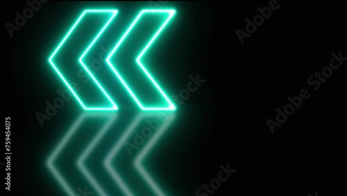 Glowing sky blue neon with shadow arrows indicates the direction of the overlay video layer. Neon left navigation animation. Blinking right-to-left arrow-looping animation direction concept photo