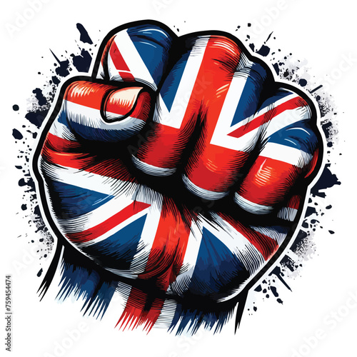 Powerful and impactful clenched fist with UK flag