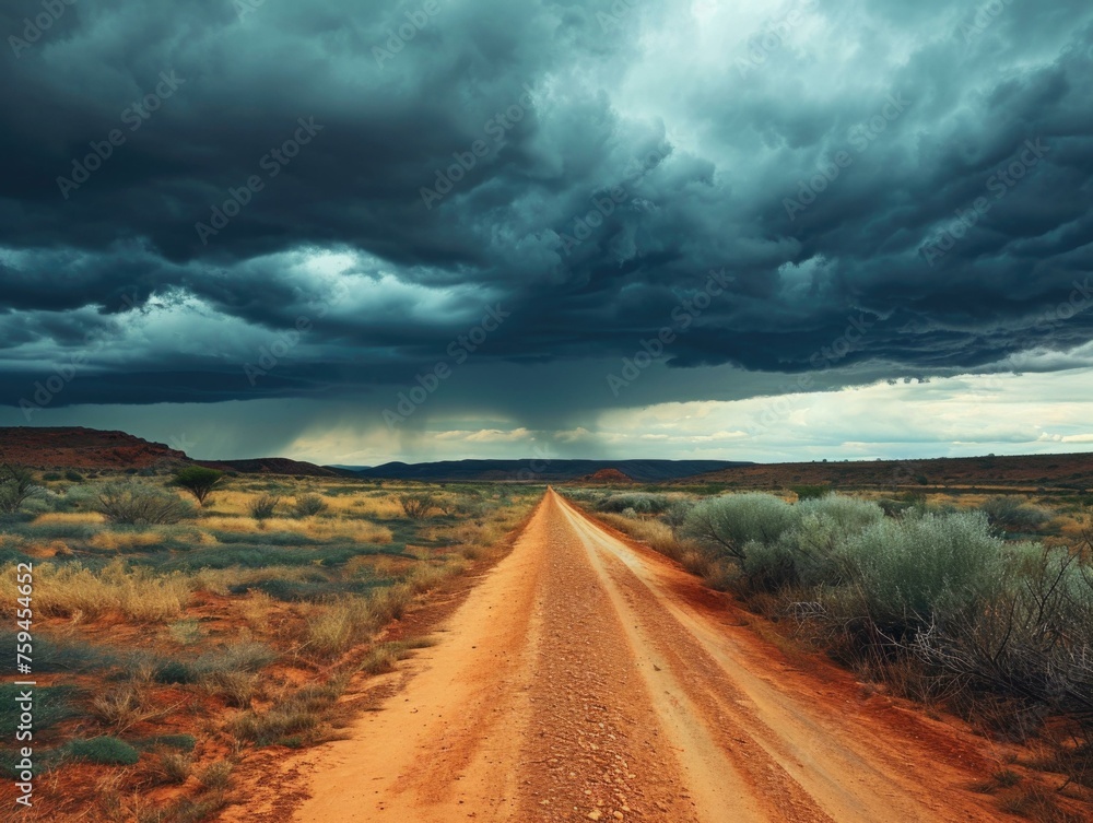 A dirt road in the middle of a desert with storm clouds. Generative AI.